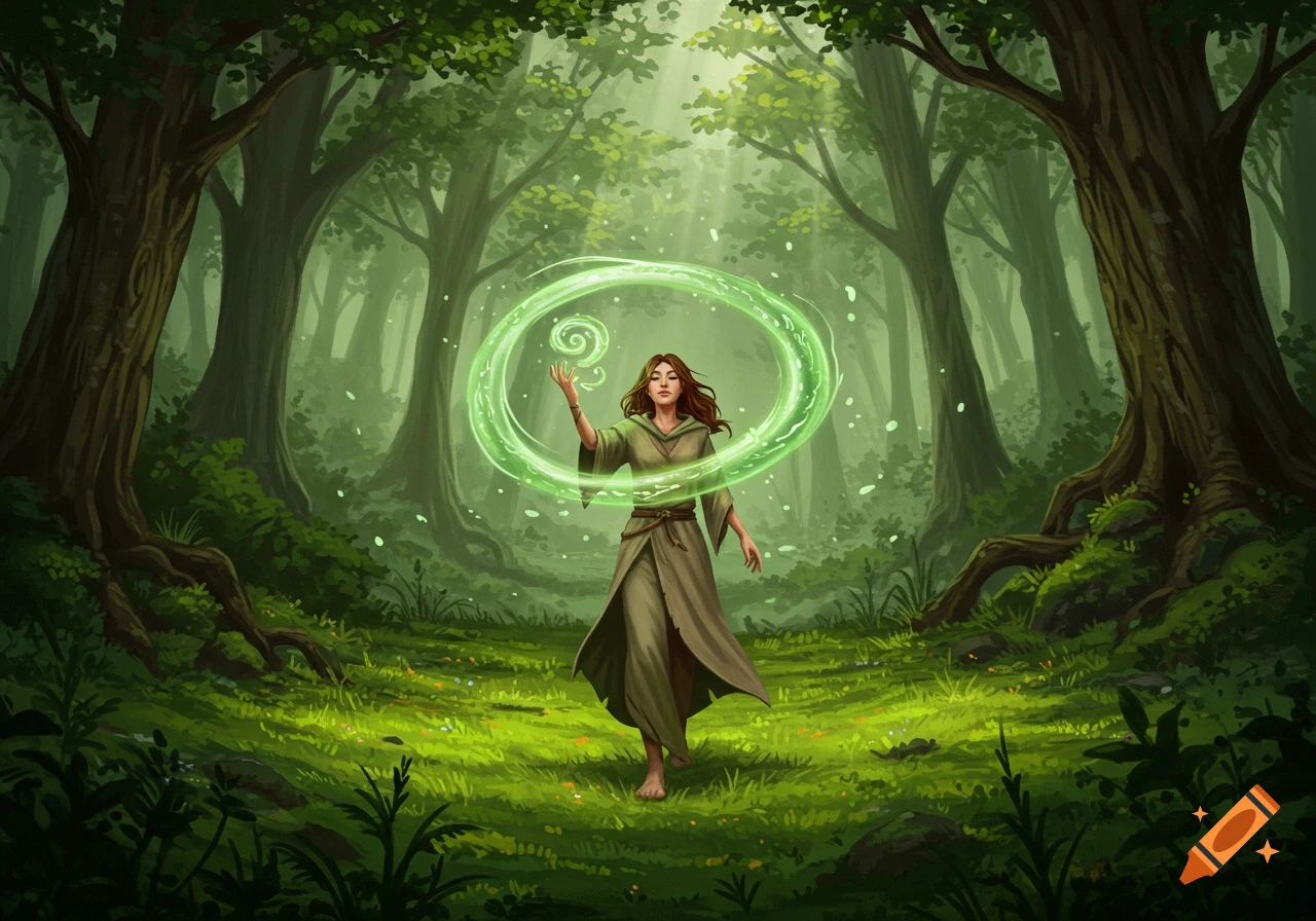 A young woman in a flowing robe walks barefoot through a lush forest, conjuring a swirling green magic orb with her hand. Illustrated.