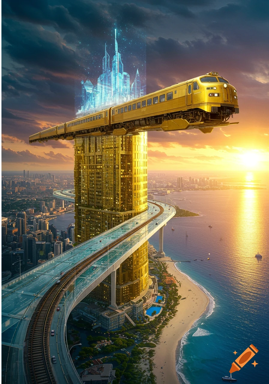 Futuristic golden train on a towering skyscraper with a holographic city, overseeing a modern cityscape, beach, and ocean at sunset.
