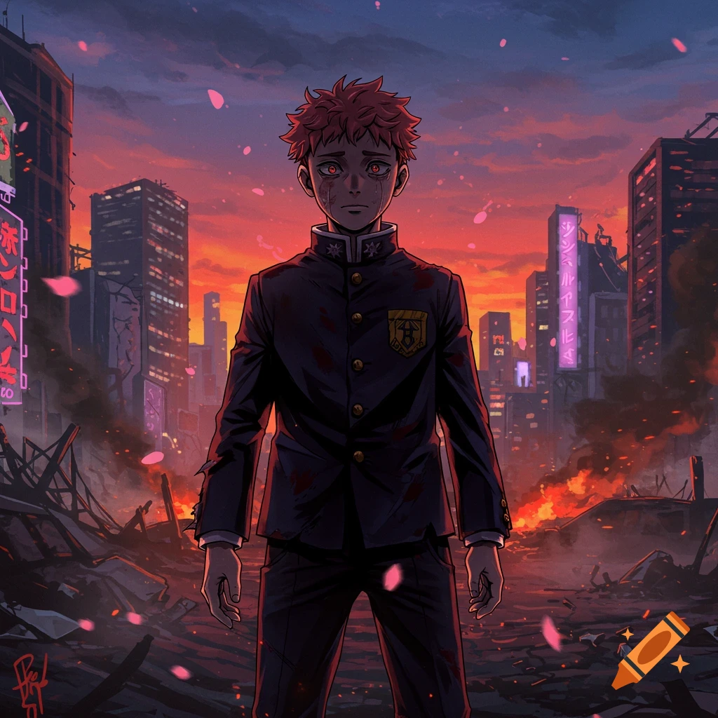 Red-haired boy in a blood-splattered school uniform stands in a fiery, destroyed city at sunset in anime style.