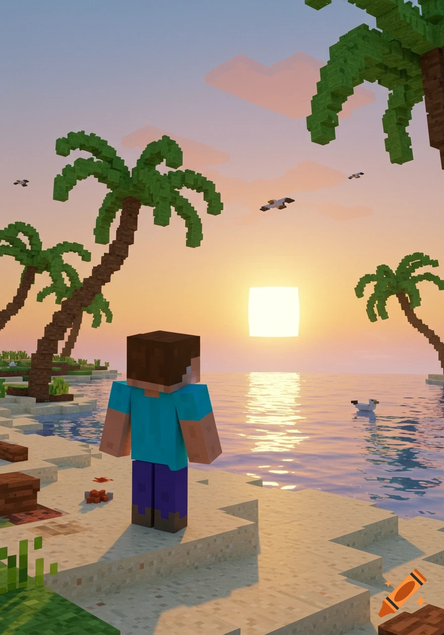 Minecraft character Steve stands on a sandy beach, watching the blocky sunset over a shimmering ocean with palm trees.