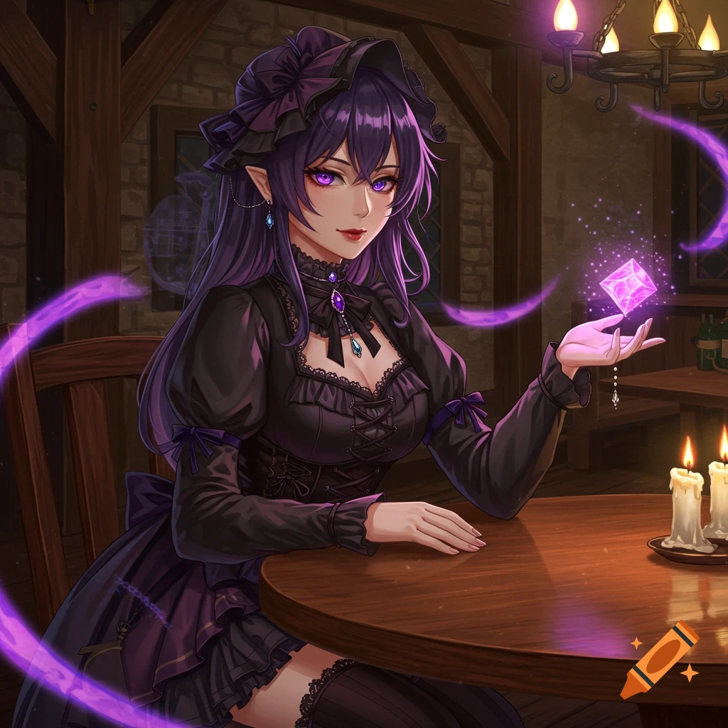 Anime sorceress with purple hair and eyes in a gothic black dress, holding a glowing crystal in a dimly lit tavern.