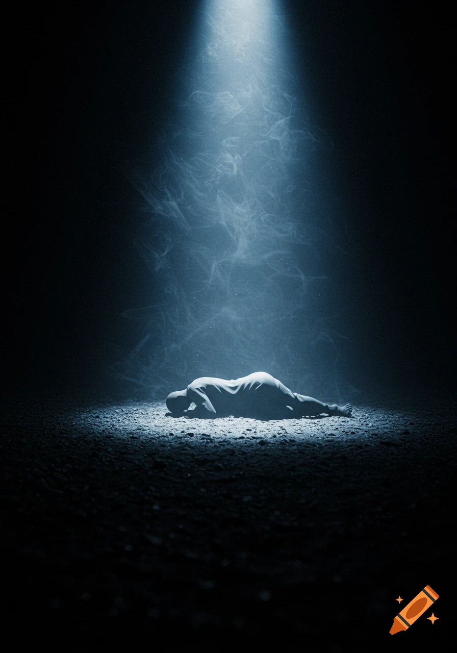 A minimalist rendering of a human figure lying face down on dark ground, illuminated by a single spotlight from above.