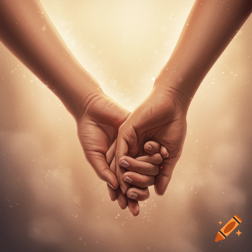 Two hands clasped together with a warm, glowing background, illustration.