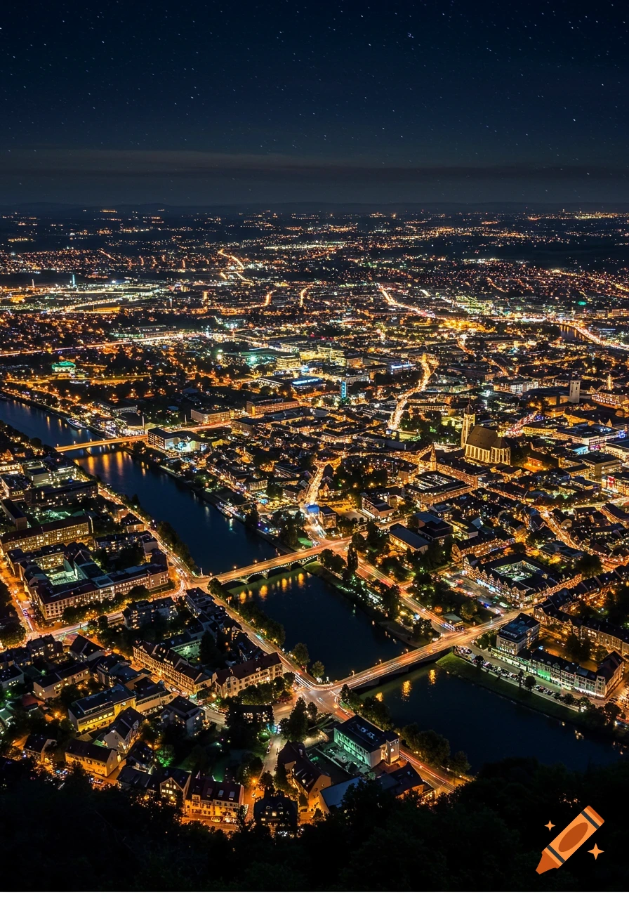 Aerial photorealistic night view of a sprawling city with illuminated buildings, bridges over rivers, and a starry sky.