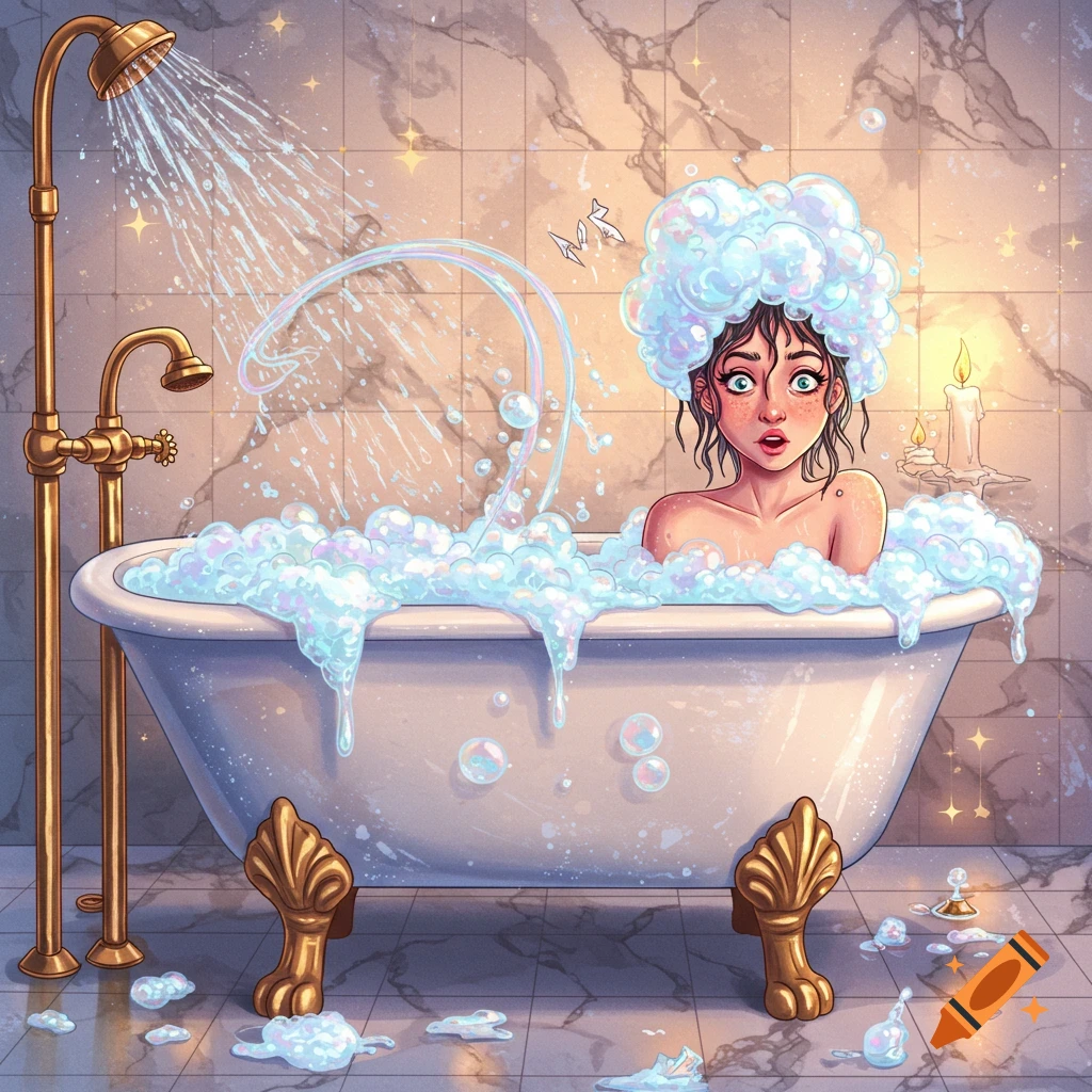 Cartoon woman with wide eyes in a bubble bath, bubbles on her head, golden shower, and candles in a sparkling illustrated style.
