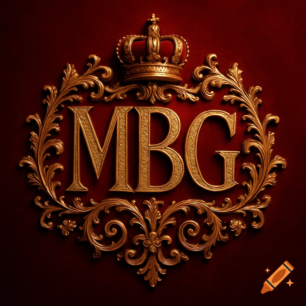 A luxurious gold royal emblem featuring the letters "MBG" at its center, with a small crown on top, set against a rich red velvet background.