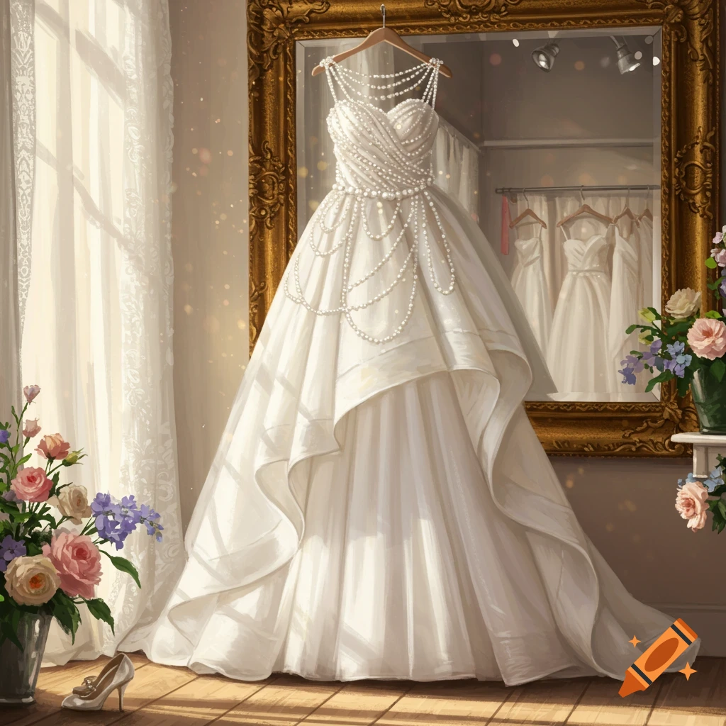 A white wedding dress adorned with pearls hangs in front of a golden mirror, next to flowers and a high heel shoe, in a painterly style.