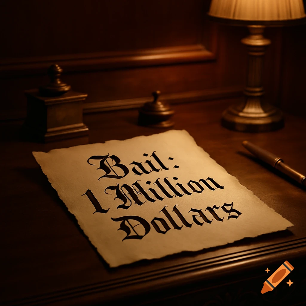 A document stating 'Bail: 1 Million Dollars' on a dark wooden desk with a gavel, pen, and lamp.