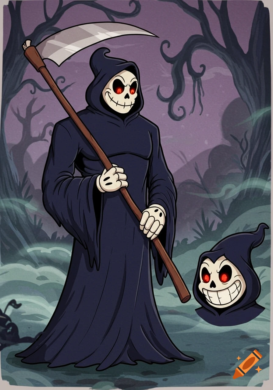 A cartoon Grim Reaper in Cuphead style, holding a scythe in a spooky forest, with a smiling reaper head nearby.