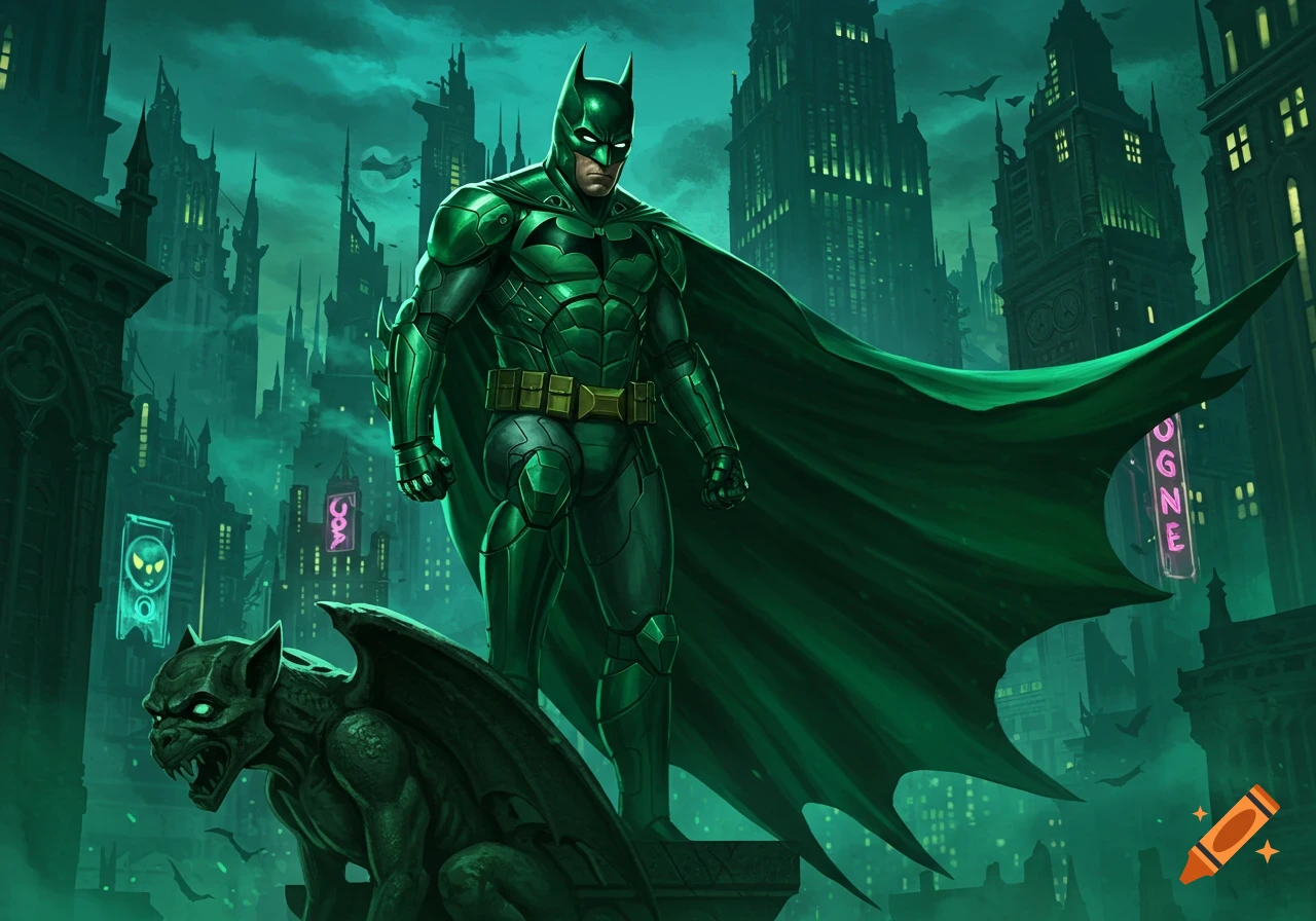 Green-armored Batman stands atop a gargoyle in a dark, teal-lit gothic city at night, with a flowing cape.