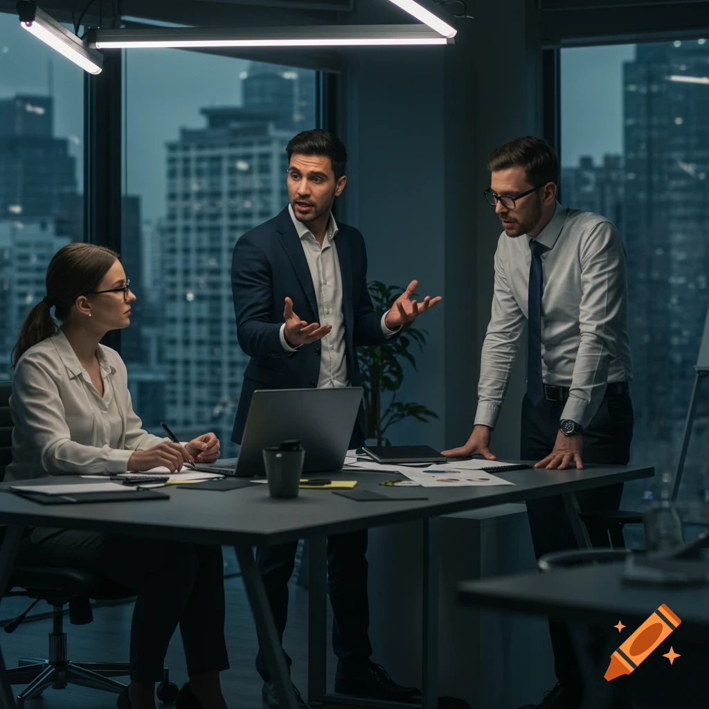 Three business colleagues in a modern office at night, two men discussing while a woman takes notes at a desk.