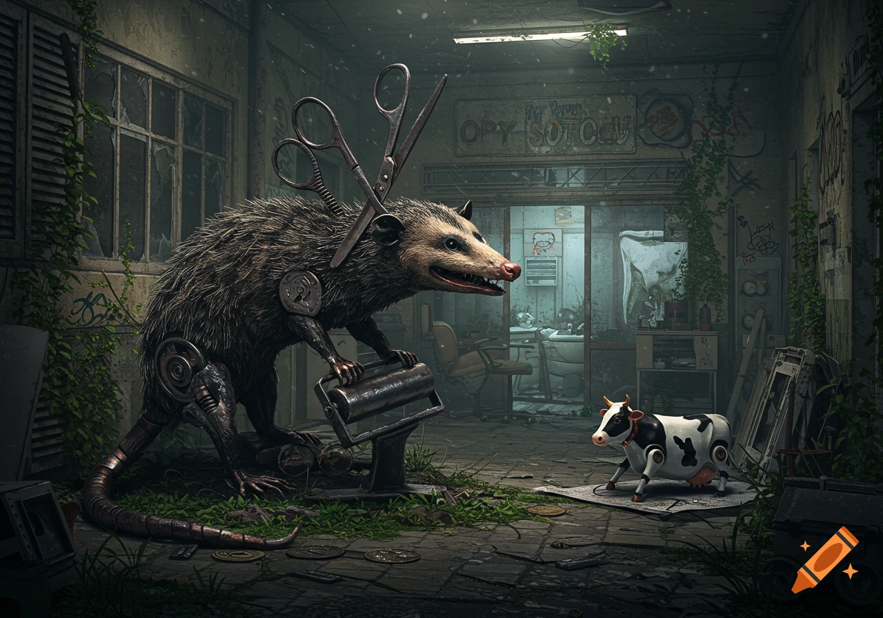 A cyborg opossum with scissors on its head holds a metal roller, facing a small robot cow in a dilapidated dentist's office.