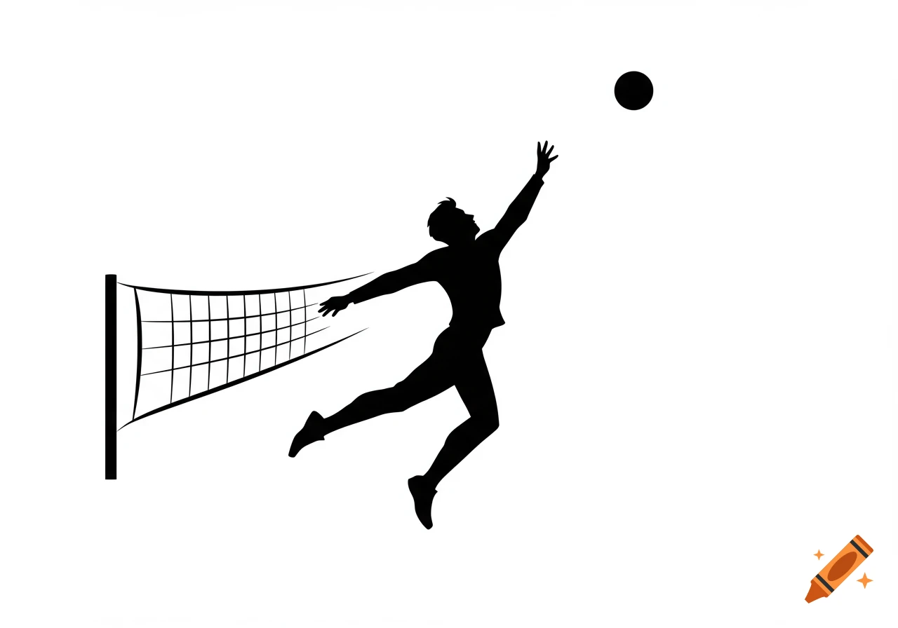 Black silhouette of a male volleyball player leaping to spike a ball over a net, in a minimalist vector style.