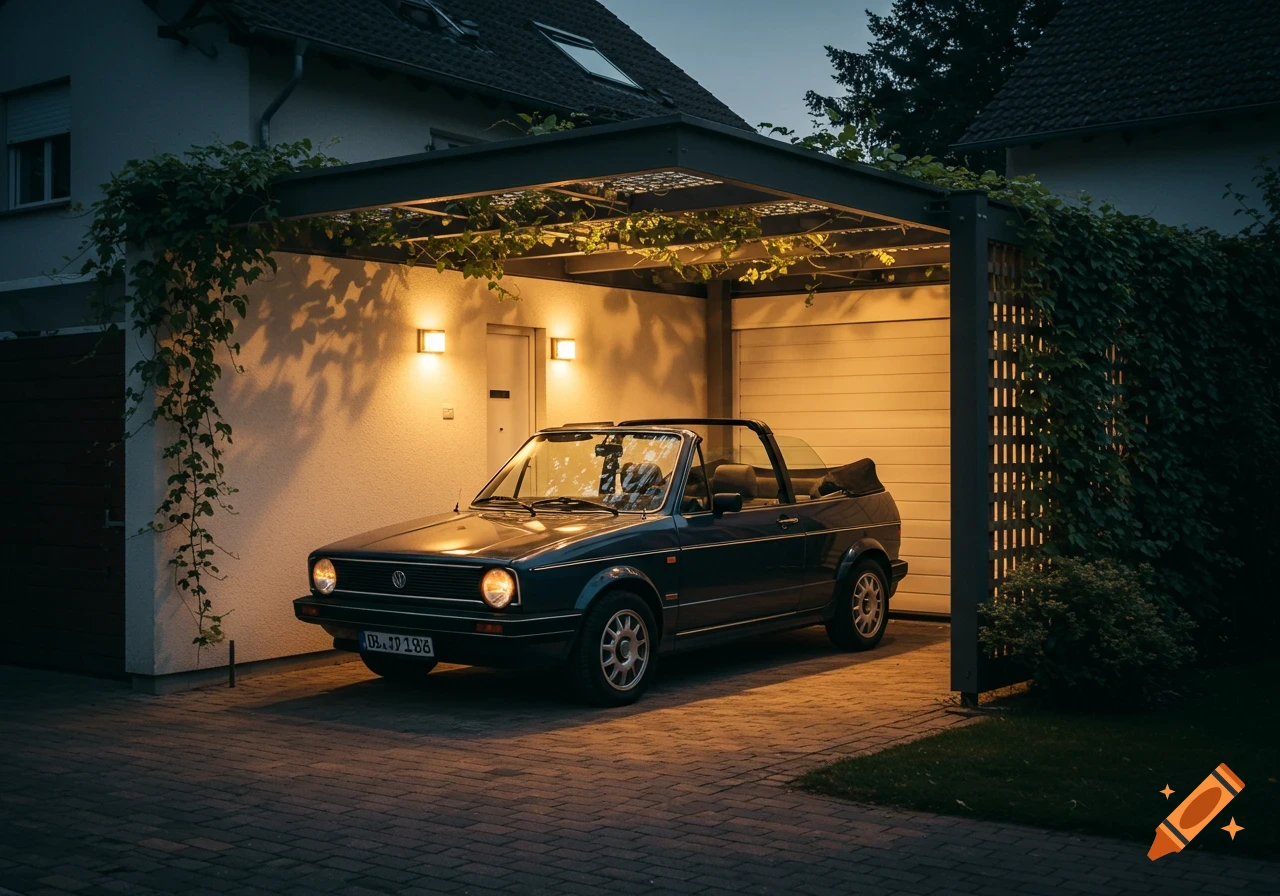 A dark blue Golf 1 Cabriolet convertible car parked under a modern carport with lights illuminating the scene at dusk.