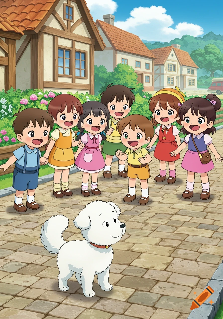 A fluffy white dog wags its tail while looking at a group of happy children on a cobblestone path in a charming cartoon village.