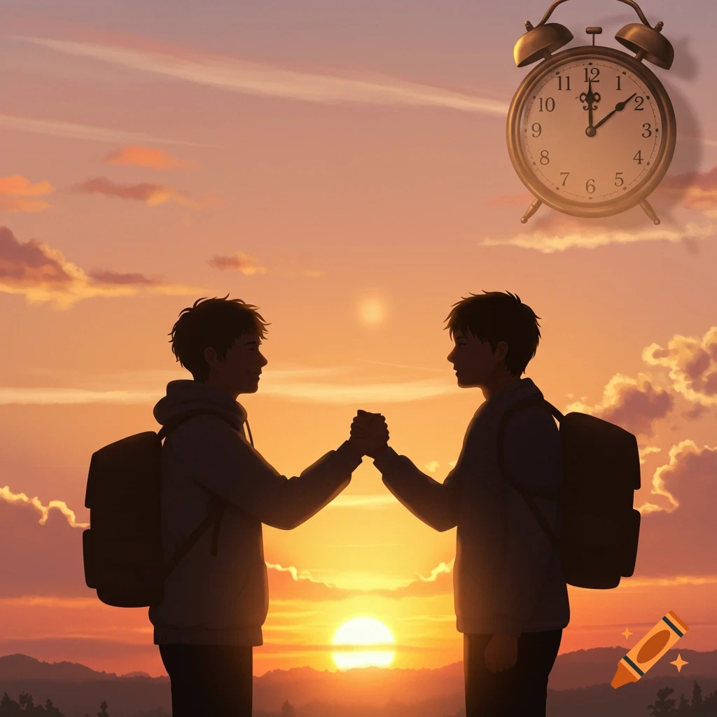 Two animated people with backpacks shaking hands at sunset, with an alarm clock floating in the sky.