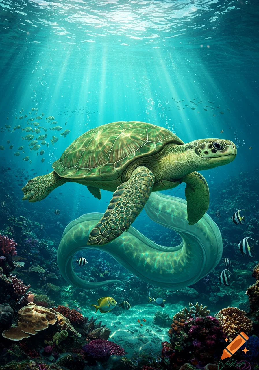 A fantastical green tortoise-eel hybrid swims gracefully through a vibrant coral reef, with sunlight streaming down from the clear turquoise water.