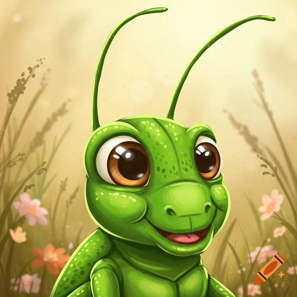 A cute, smiling green cartoon cricket with large brown eyes, set against a soft focus background of grass and wildflowers.