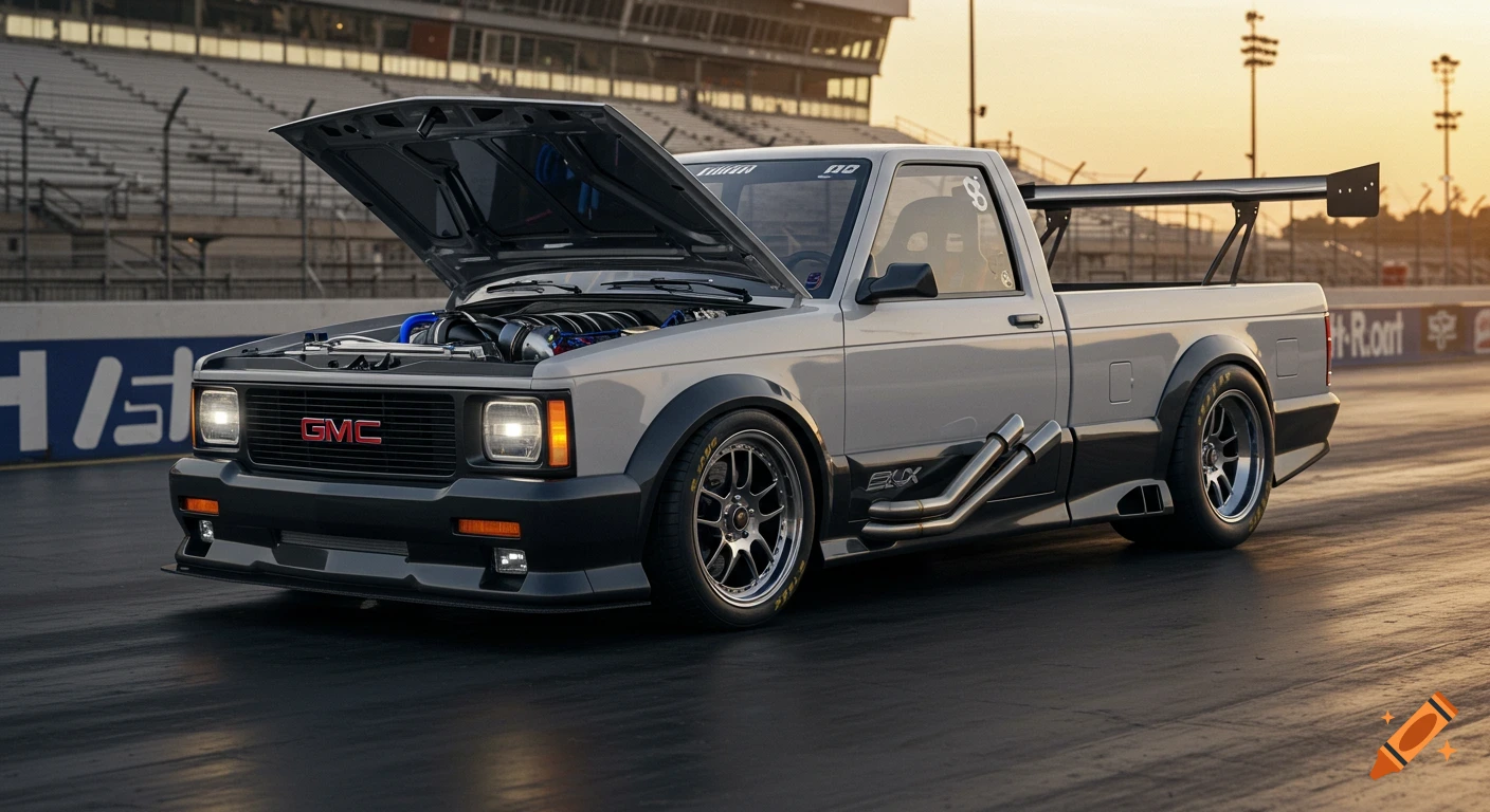 Photorealistic image of a custom pearl white GMC Syclone pickup truck with its hood open revealing an engine, widebody kit, and large wing, parked on a race track at sunset.