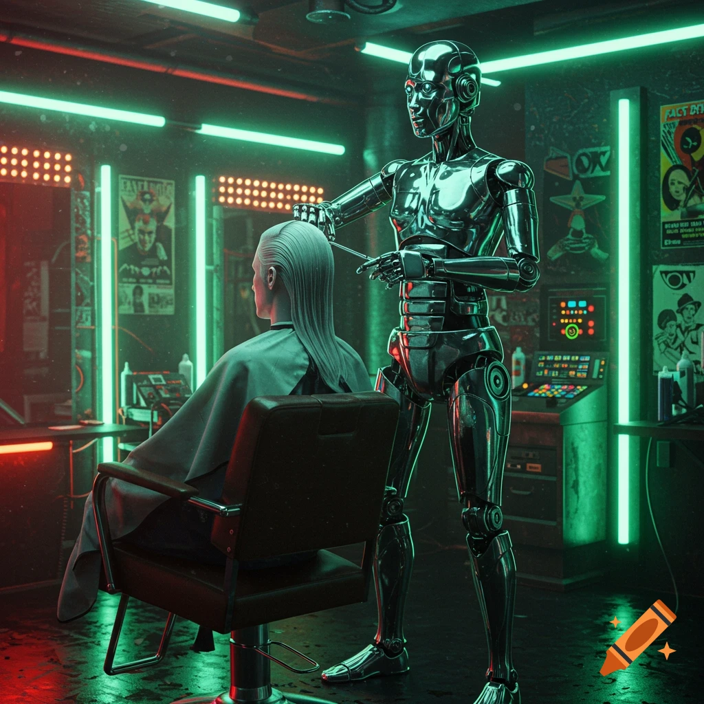 A chrome robot barber gives a sleek haircut to a person in a neon-lit, futuristic barbershop, 70s sci-fi style.