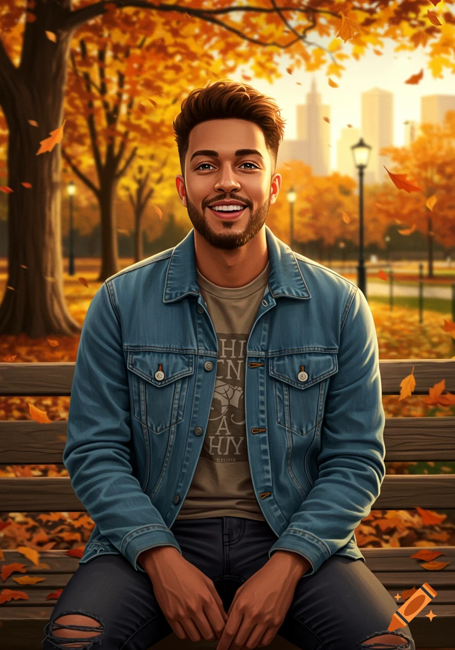 A smiling man with a beard in a denim jacket sits on a park bench amidst autumn foliage and city buildings in the background. Photorealistic style.
