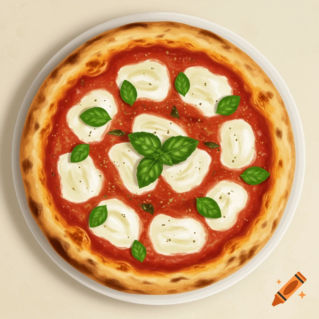 Top-down view of a classic Margherita pizza on a white plate, with fresh mozzarella, red sauce, and basil leaves.