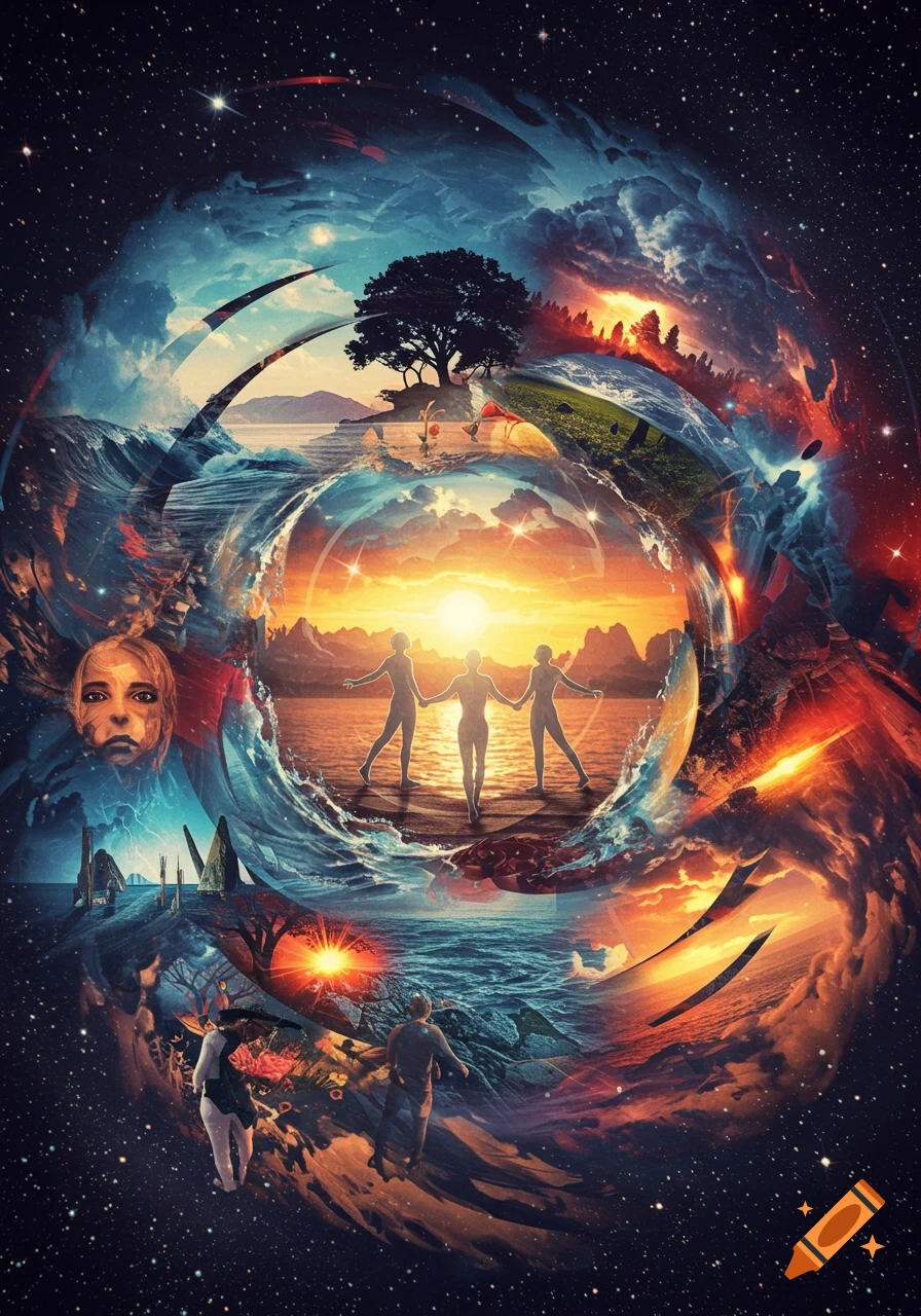Surreal cosmic collage with swirling elements of human figures, ocean waves, a tree, and a sunset in a starry galaxy.