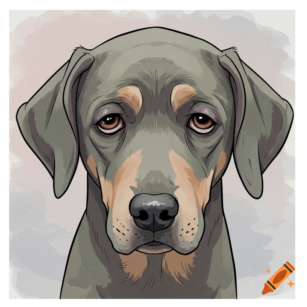 Minimalist vector illustration of a tired gray and tan dog's head with droopy eyes.