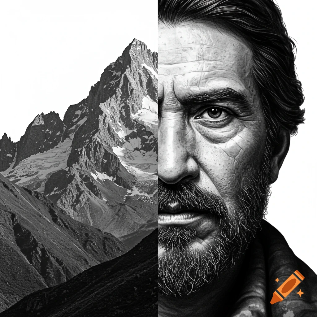 A black and white split image showing the right half of an old man's face with a beard and the left half of a rugged, snow-capped mountain range.
