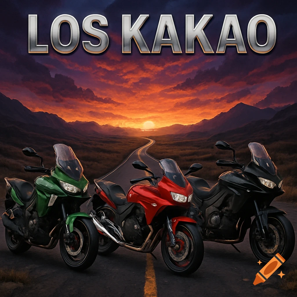 Three illustrated motorcycles (green, red, black) on a winding road at sunset, with mountains in the background and 'LOS KAKAO' text above.