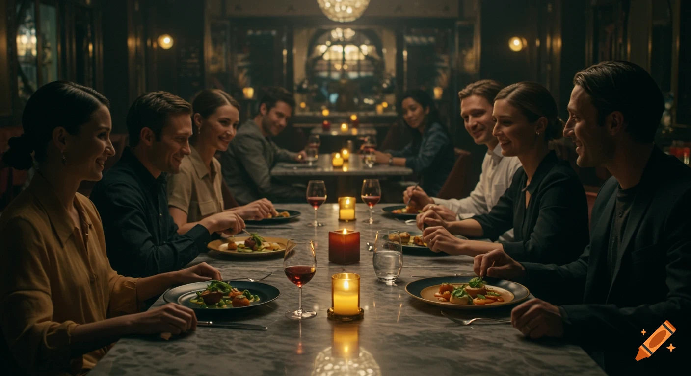 A diverse group of friends enjoys an elegant dinner at a dimly lit, upscale restaurant, with gourmet food and cinematic lighting.
