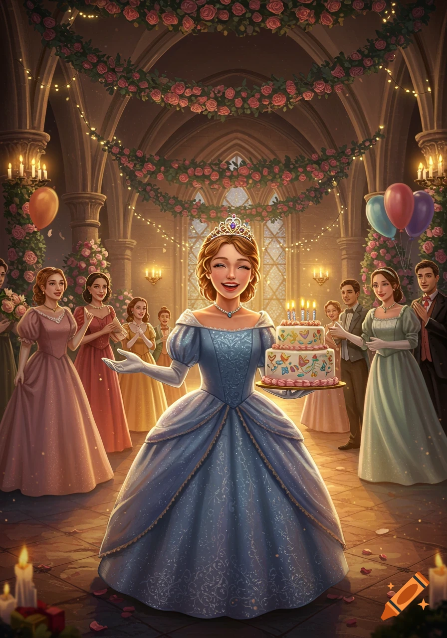 A smiling princess in a blue gown holds a birthday cake in a grand hall adorned with flowers and lights, surrounded by guests.