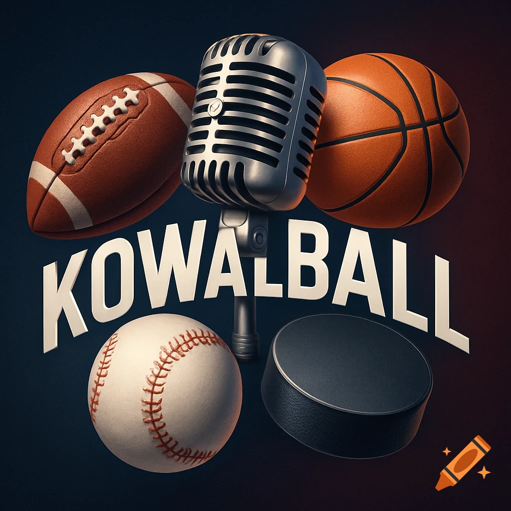 A vintage microphone surrounded by a football, basketball, baseball, and a hockey puck, with "KOWALBALL" text in white.