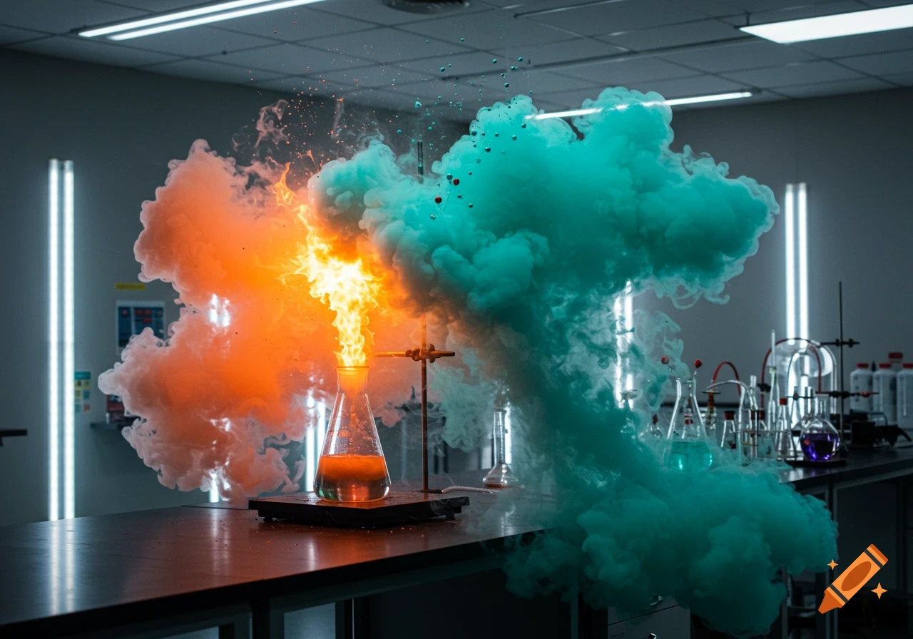 An explosive chemical reaction in a lab, with vibrant orange flames and billowing teal smoke rising from beakers on a dark counter.
