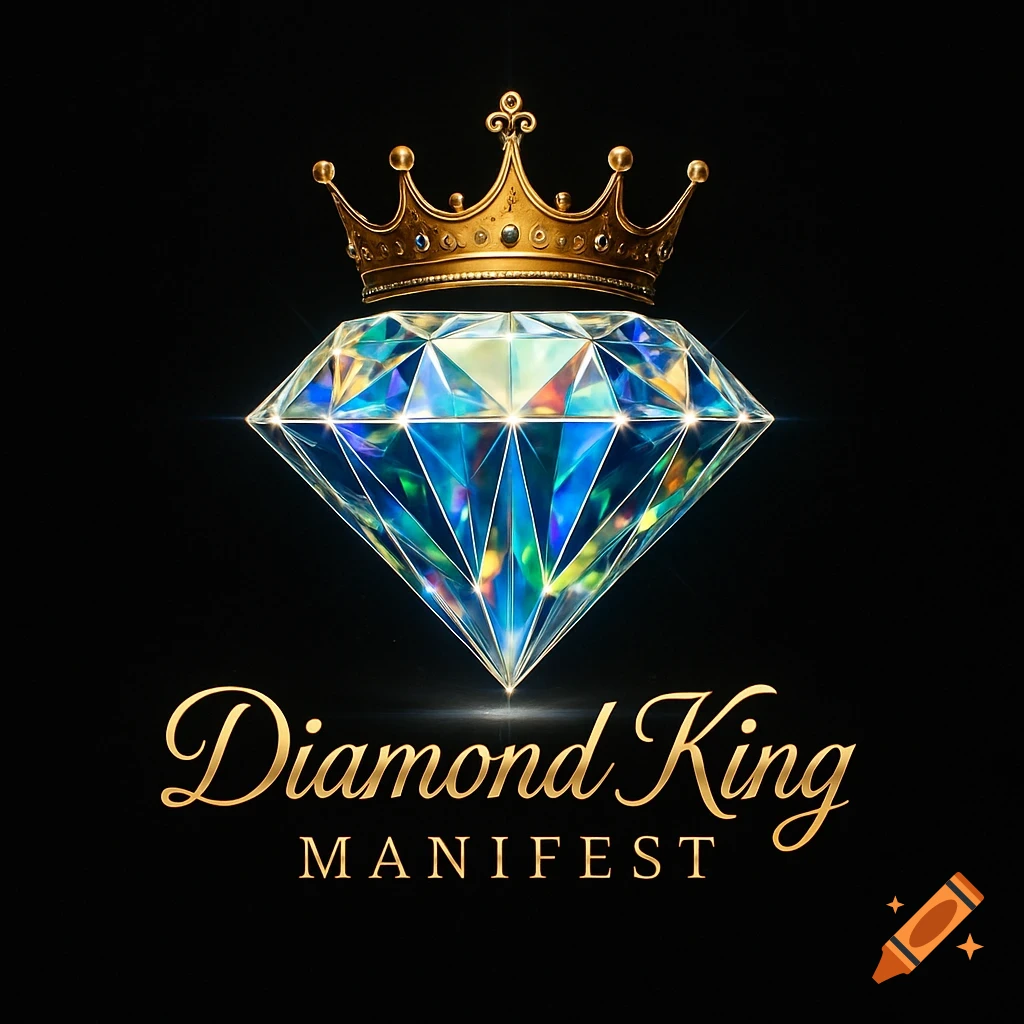 A glittering diamond with a golden crown on top, above the golden text 'Diamond King MANIFEST' on a black background.