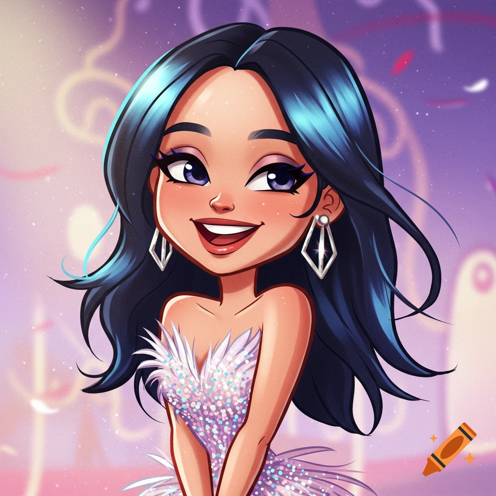 Cartoon portrait of a smiling woman with dark hair, wearing a sparkly, feathered dress and geometric earrings, against a purple background.