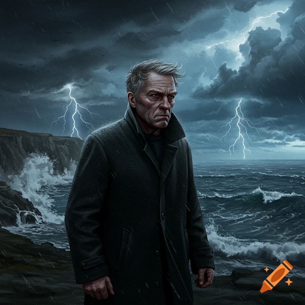 A grim-faced man in a dark coat stands by a stormy sea with lightning in the dark sky.