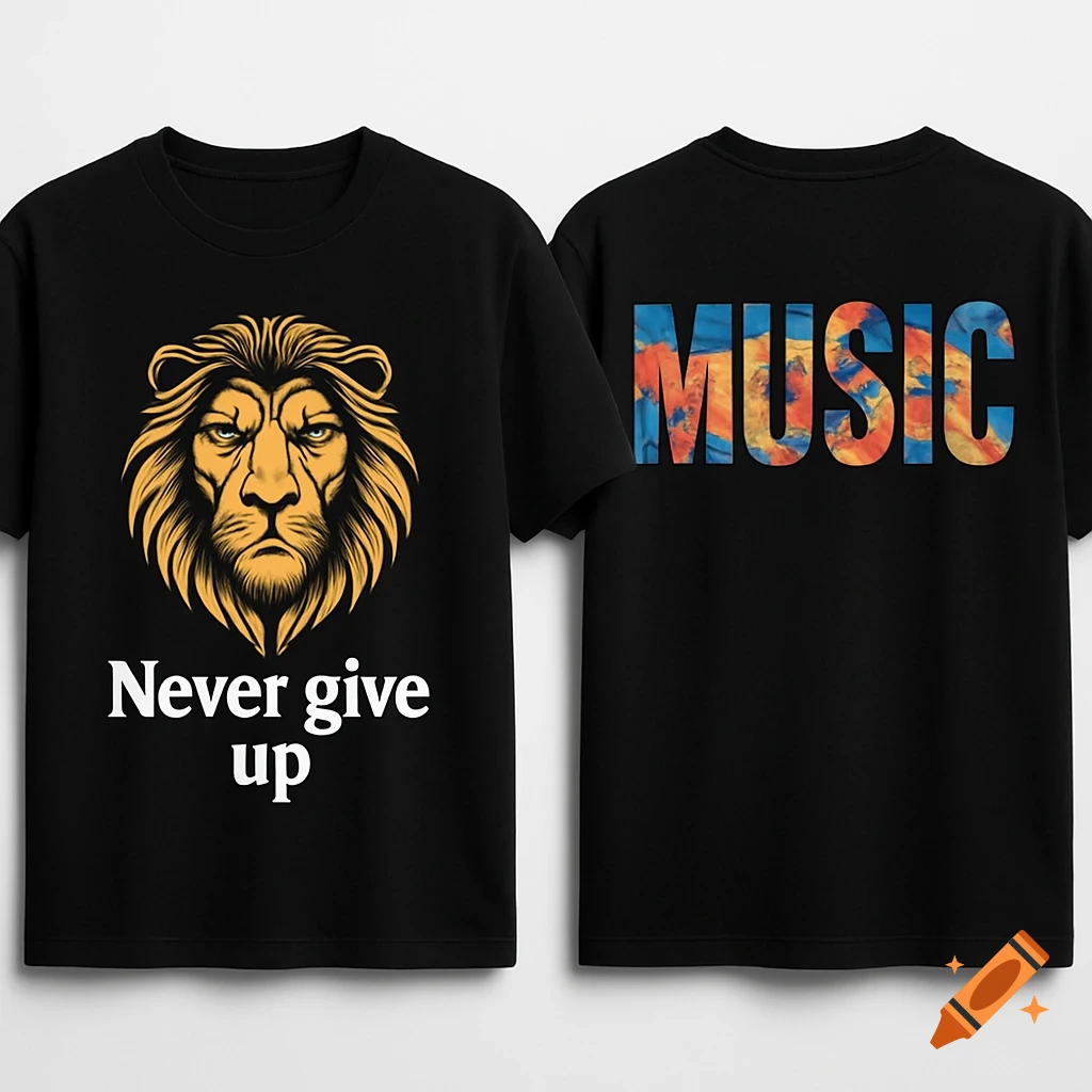 Two black t-shirts on a white background. The front shirt features a golden lion head above the white text "Never give up". The back shirt has "MUSIC" in colorful, abstract letters.