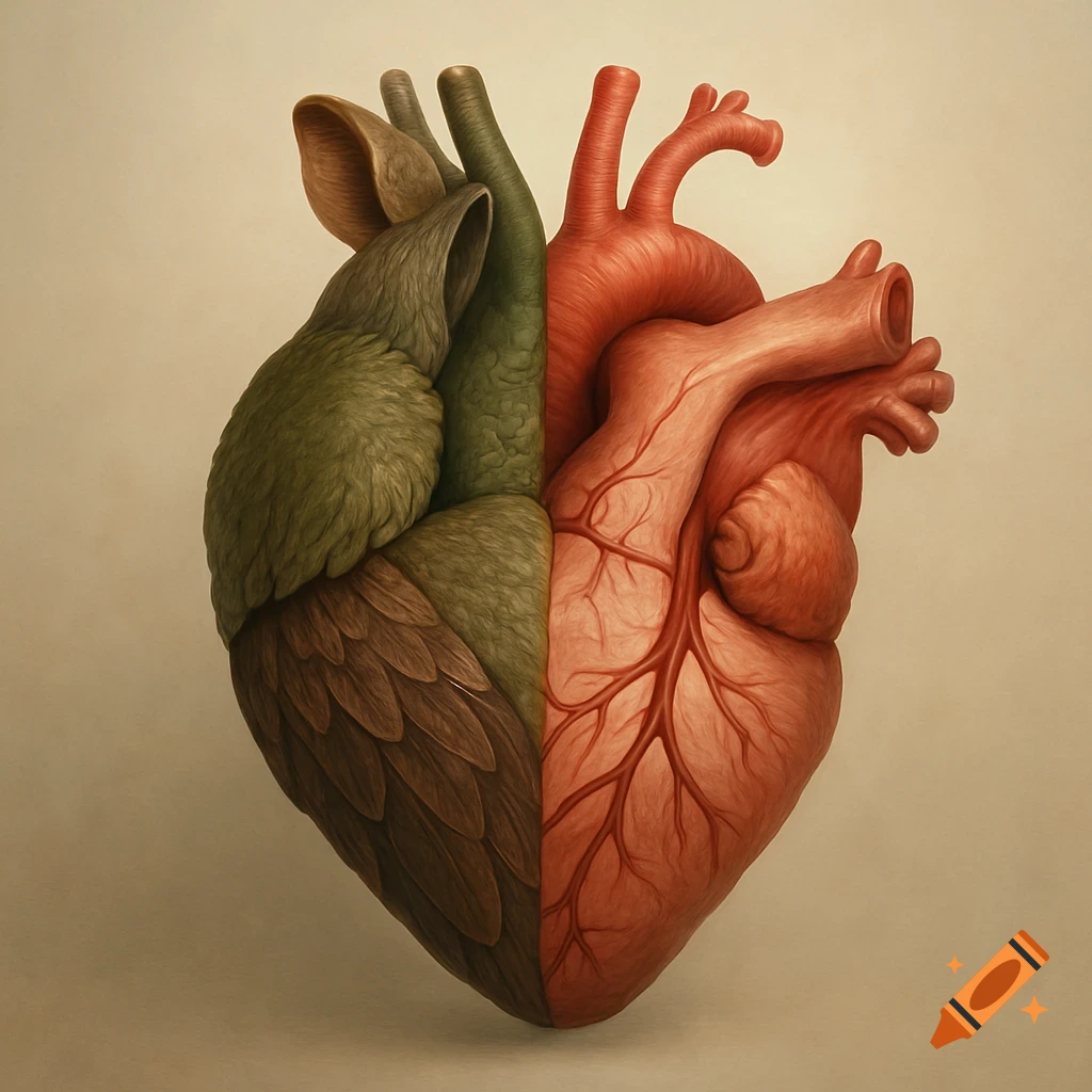 A stylized heart illustration, one half realistic human anatomy, the other covered in fur and feathers.