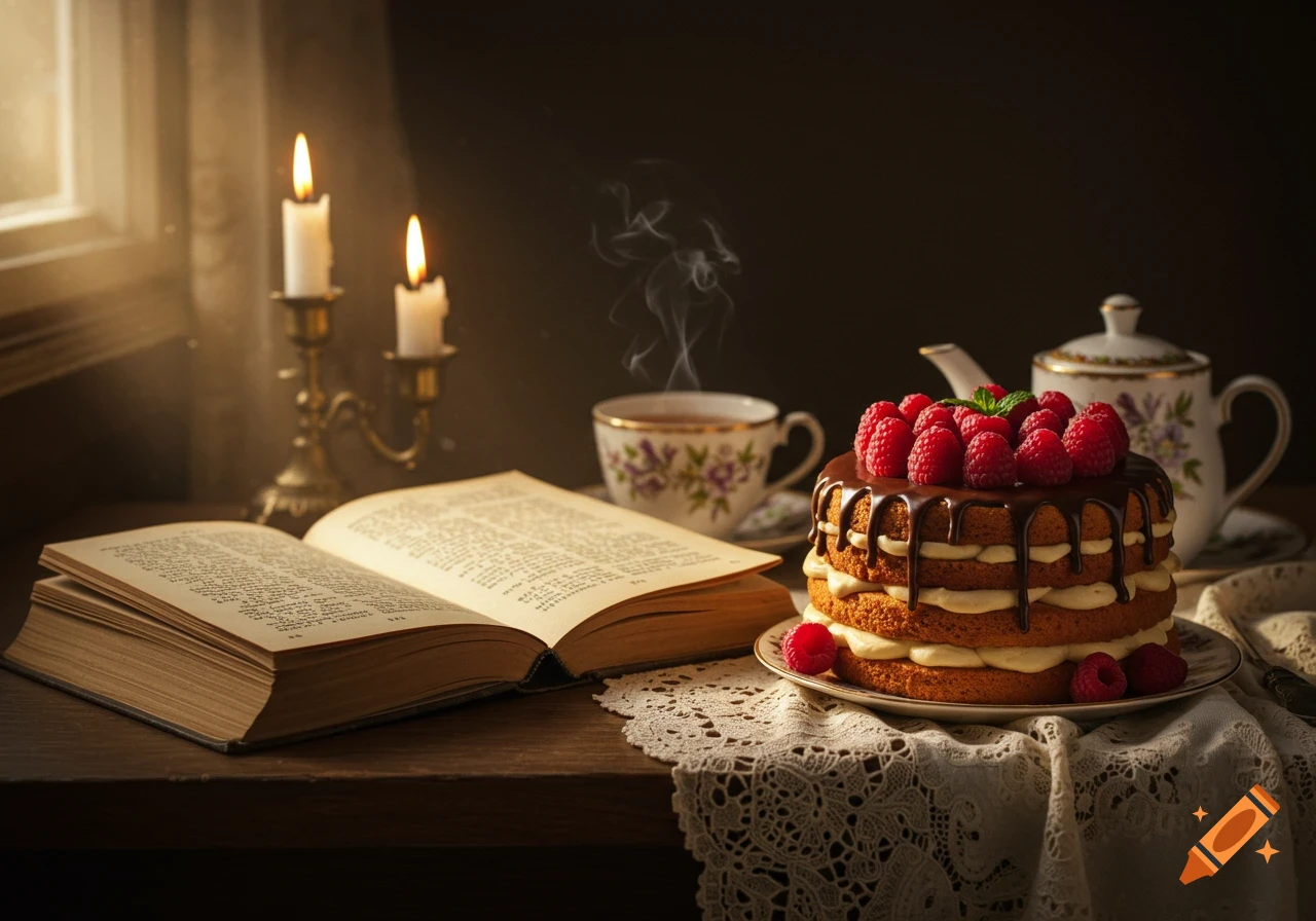 Photorealistic still life of a raspberry chocolate cake, open book, and burning candles on a wooden table with a steaming teacup and teapot.