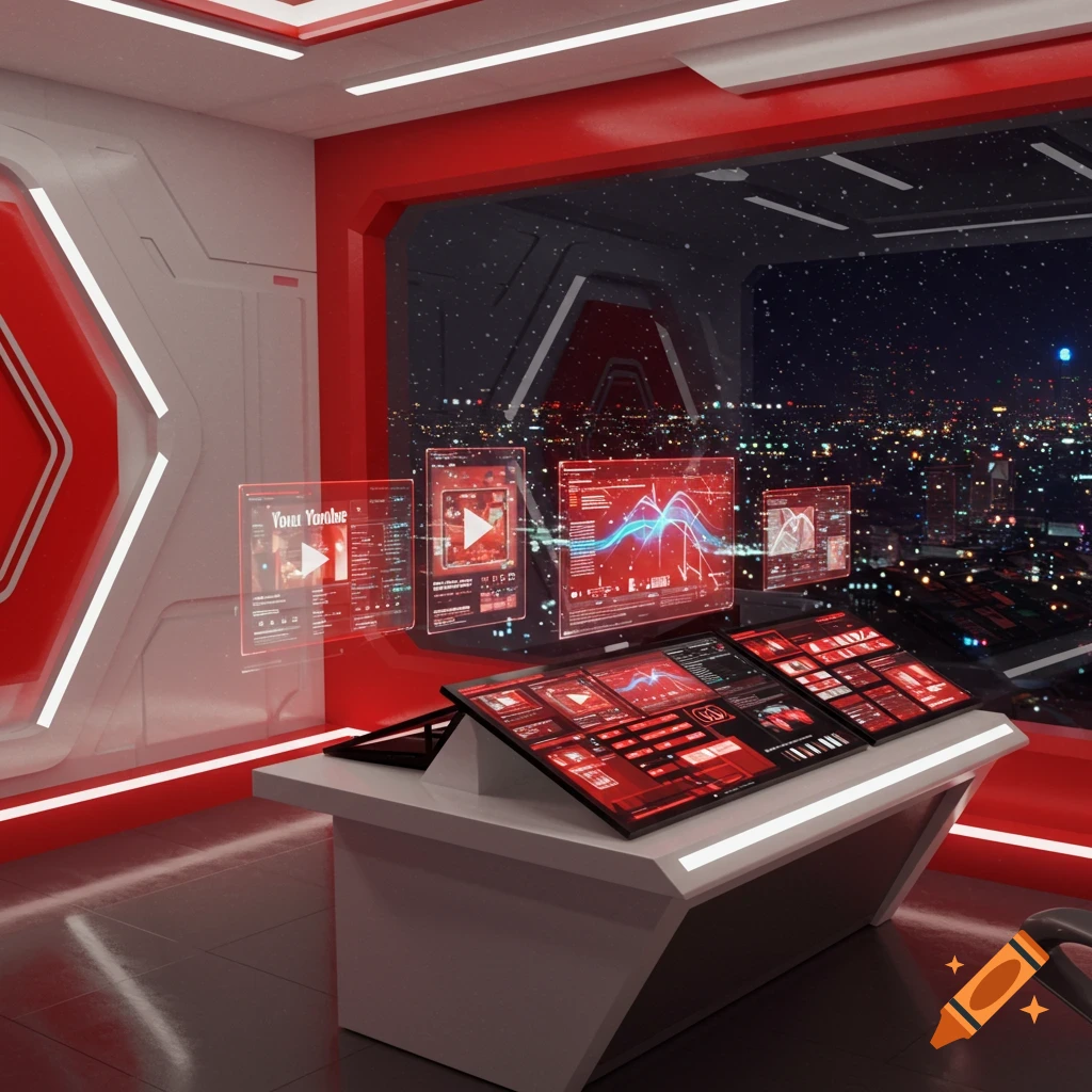 A futuristic control room with red accents, featuring holographic screens displaying data and media, overlooking a sprawling city at night.