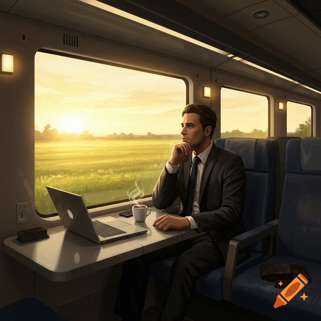 A man in a suit sits in a train, looking out the window at a sunny landscape with fields, a laptop and coffee on the table.