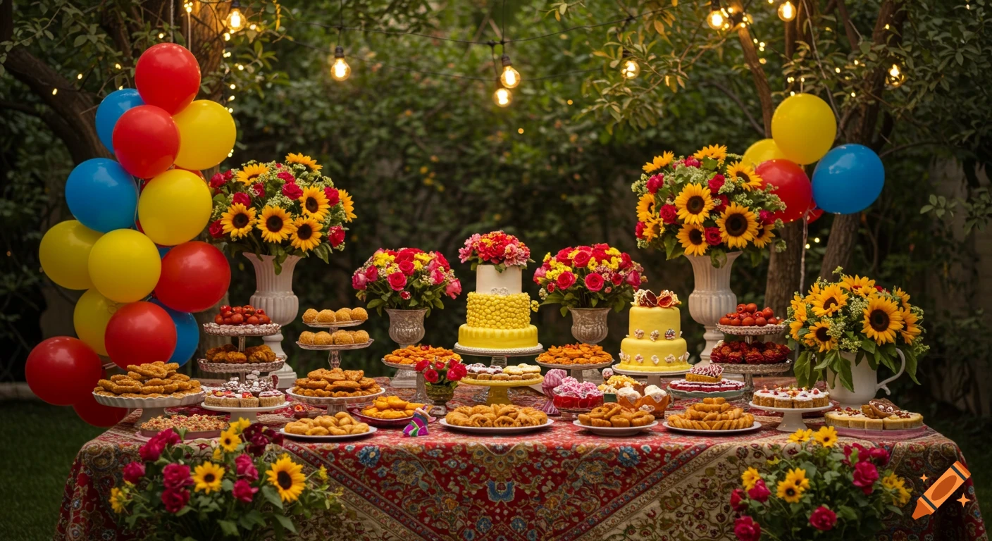 A festive outdoor birthday table filled with cakes, sweets, sunflowers, roses, colorful balloons, and string lights, in a photorealistic style.