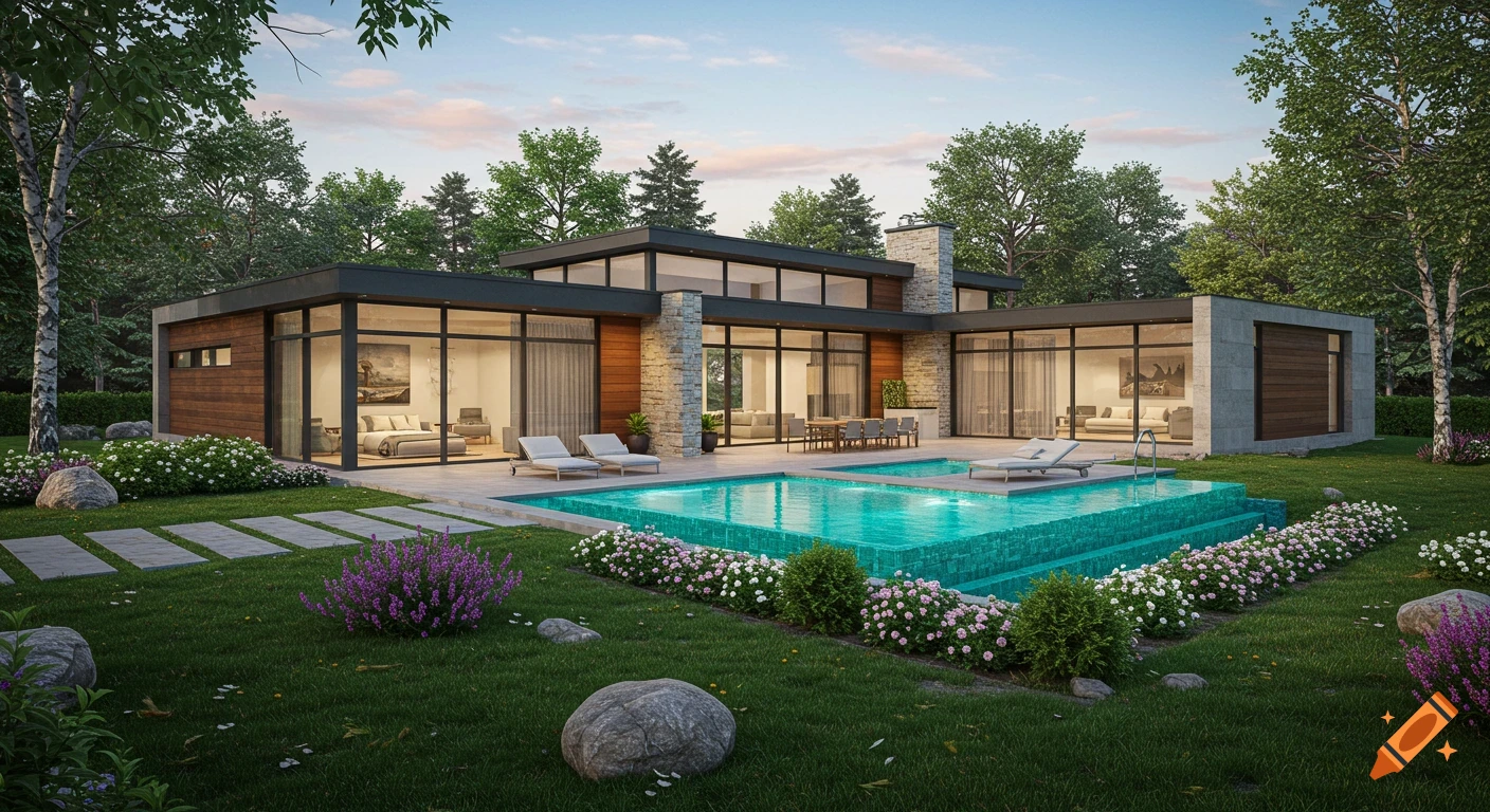 Photorealistic render of a modern luxury house with large windows, wood and stone exterior, a vibrant blue swimming pool, and lush green landscaping.