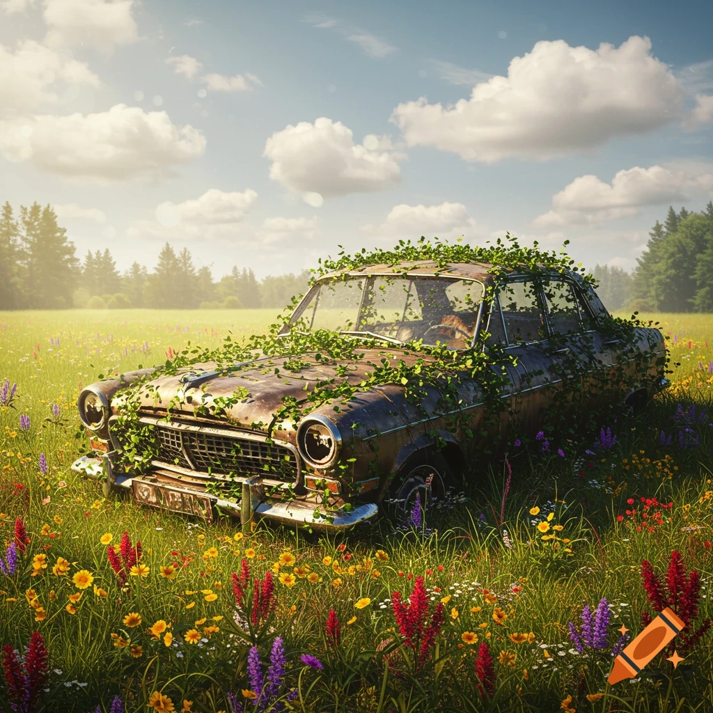 An old, rusty abandoned car sits in a vibrant field of multicolored wildflowers under a partly cloudy sky, covered in green vines and foliage. Photorealistic style.