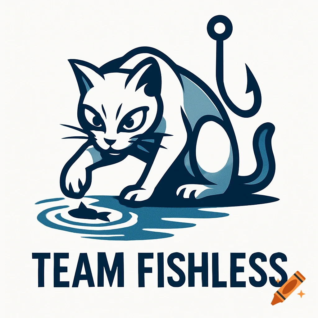 Stylized white and blue cat logo with a fishing hook, cat pawing at a fish in water, text reads 'TEAM FISHLESS'.