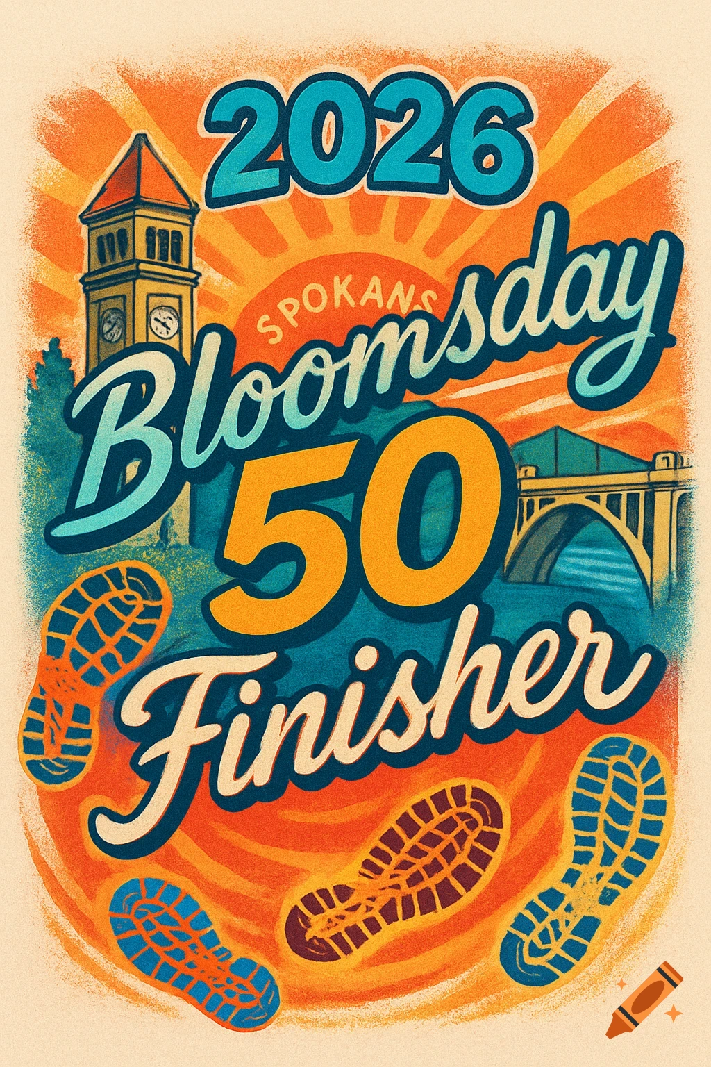 A vintage-style poster for the 2026 Bloomsday 50 Finisher race in Spokane, featuring the clock tower and a bridge, with running shoe prints and a sunburst background.