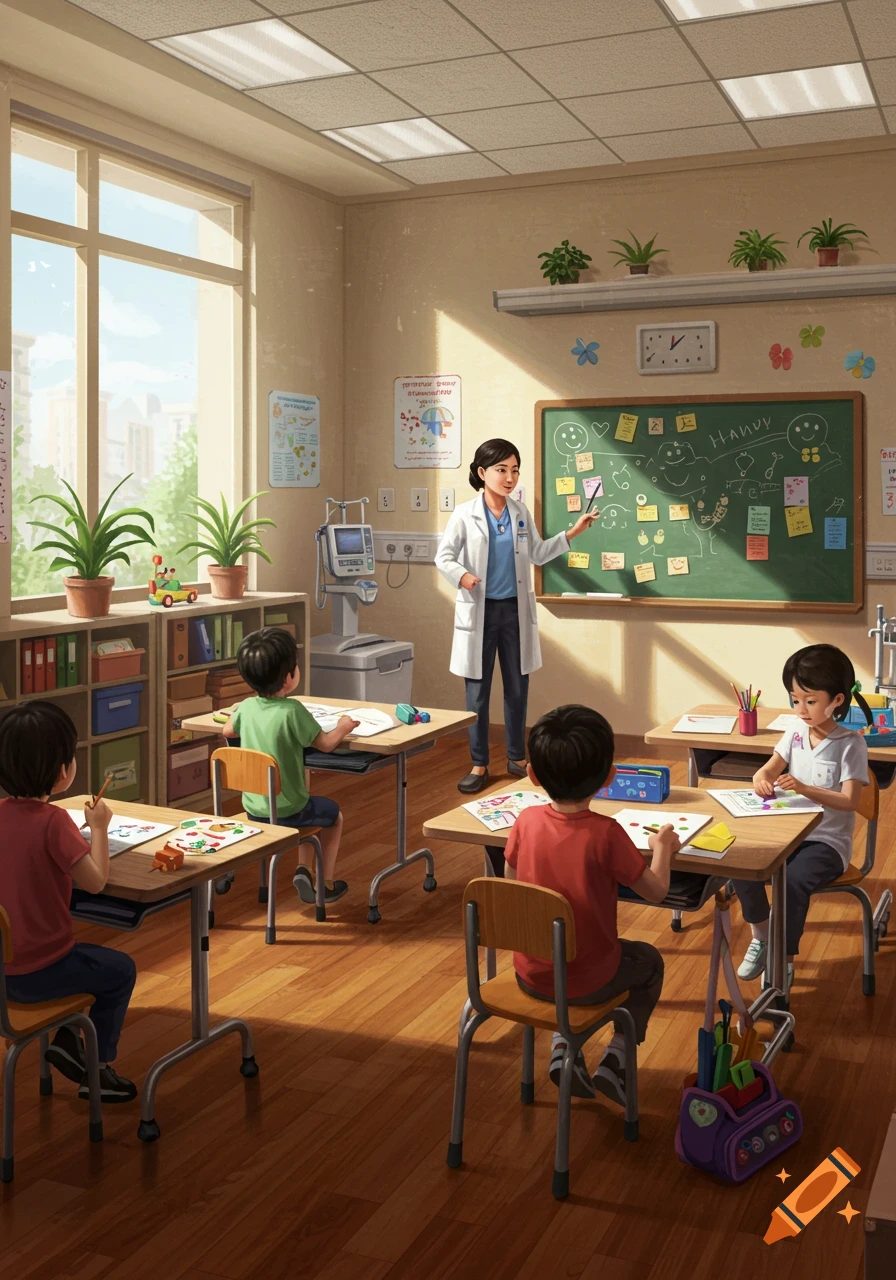 An animated classroom in a hospital with a female doctor-teacher lecturing to four young students drawing at their desks, bathed in warm sunlight.