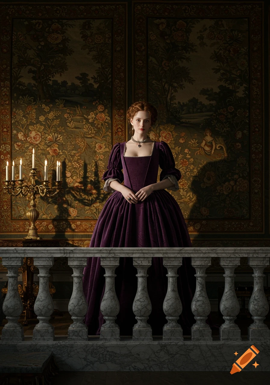 A red-haired woman in a deep purple historical gown stands behind a marble balustrade in an opulent room with tapestries and a candelabra.