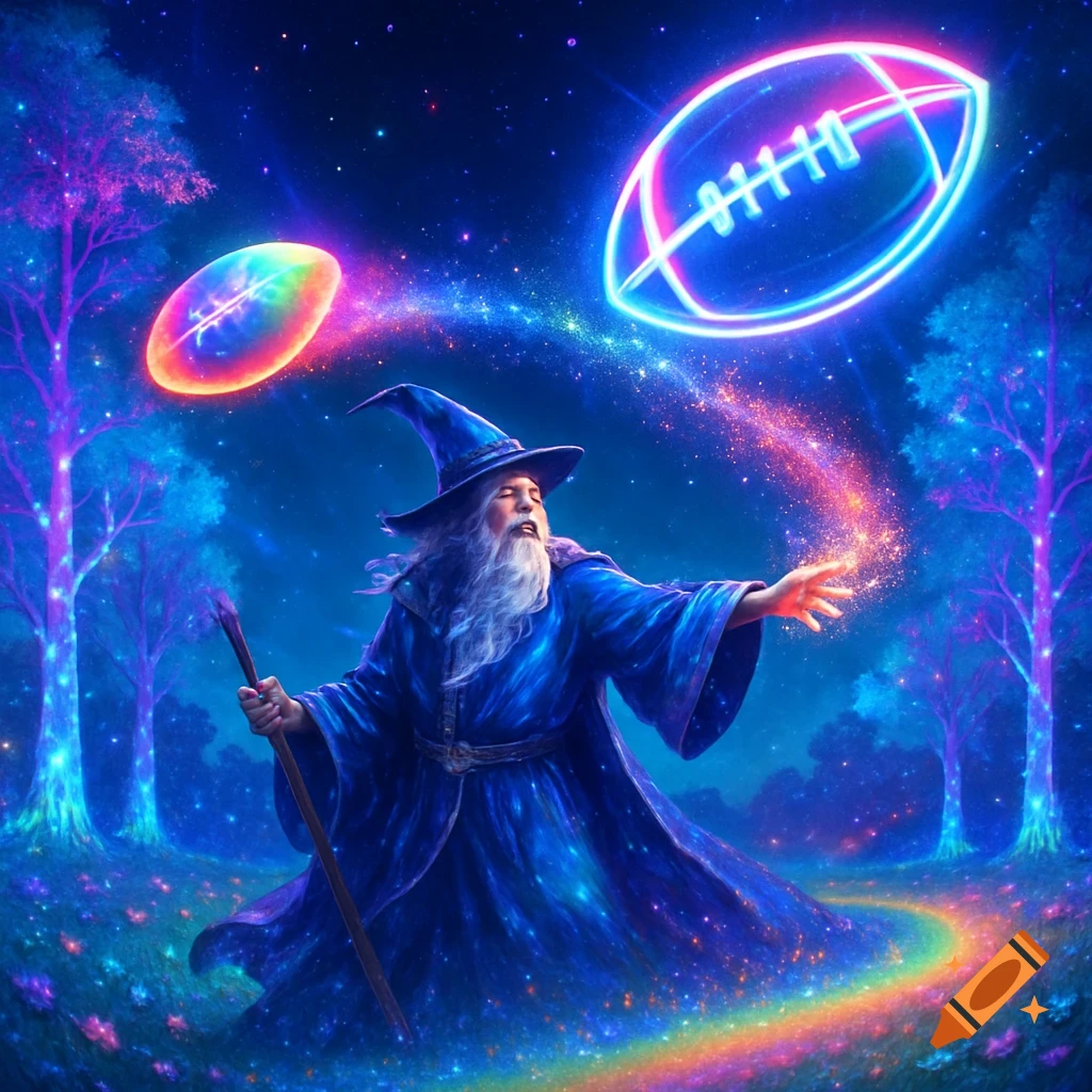 A blue-robed wizard with a staff conjures glowing neon footballs in a magical, starry forest with a rainbow path, digital art.